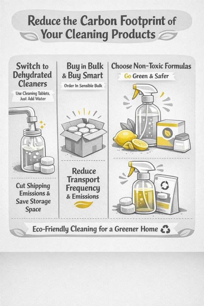 A green-themed infographic explaining eco-friendly cleaning tips, including using dehydrated cleaning tablets instead of liquid cleaners, reducing shipping emissions, buying in bulk to lower transport impact, choosing non-toxic mild formulations, and reusing refillable spray bottles to avoid single-use plastic.